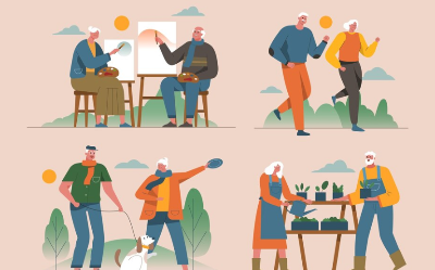 그림 그리는 노부부 , 러닝하는 노부부 , 강아지랑 산책하는 노부부 ,화분 가꾸는 노부부 일러스트