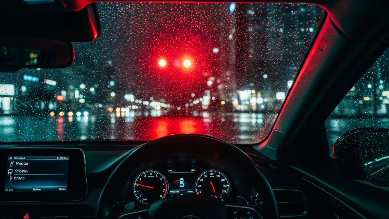 비 오는 밤, 우회전 일시정지를 위해 빨간색 신호등 앞에서 대기 중인 운전석 시점