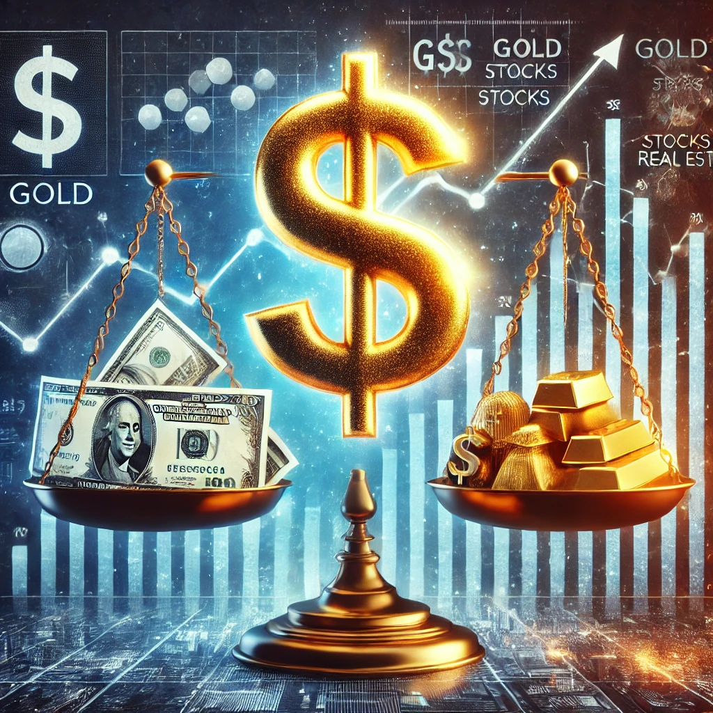 빛나는 달러 기호가 저울 위에 놓여 있으며, 반대편에는 금, 주식, 부동산이 무게를 견주고 있습니다. 배경에는 금융 차트, 인플레이션 상징, 변동하는 그래프 등이 달러의 변동성을 나타냅니다.