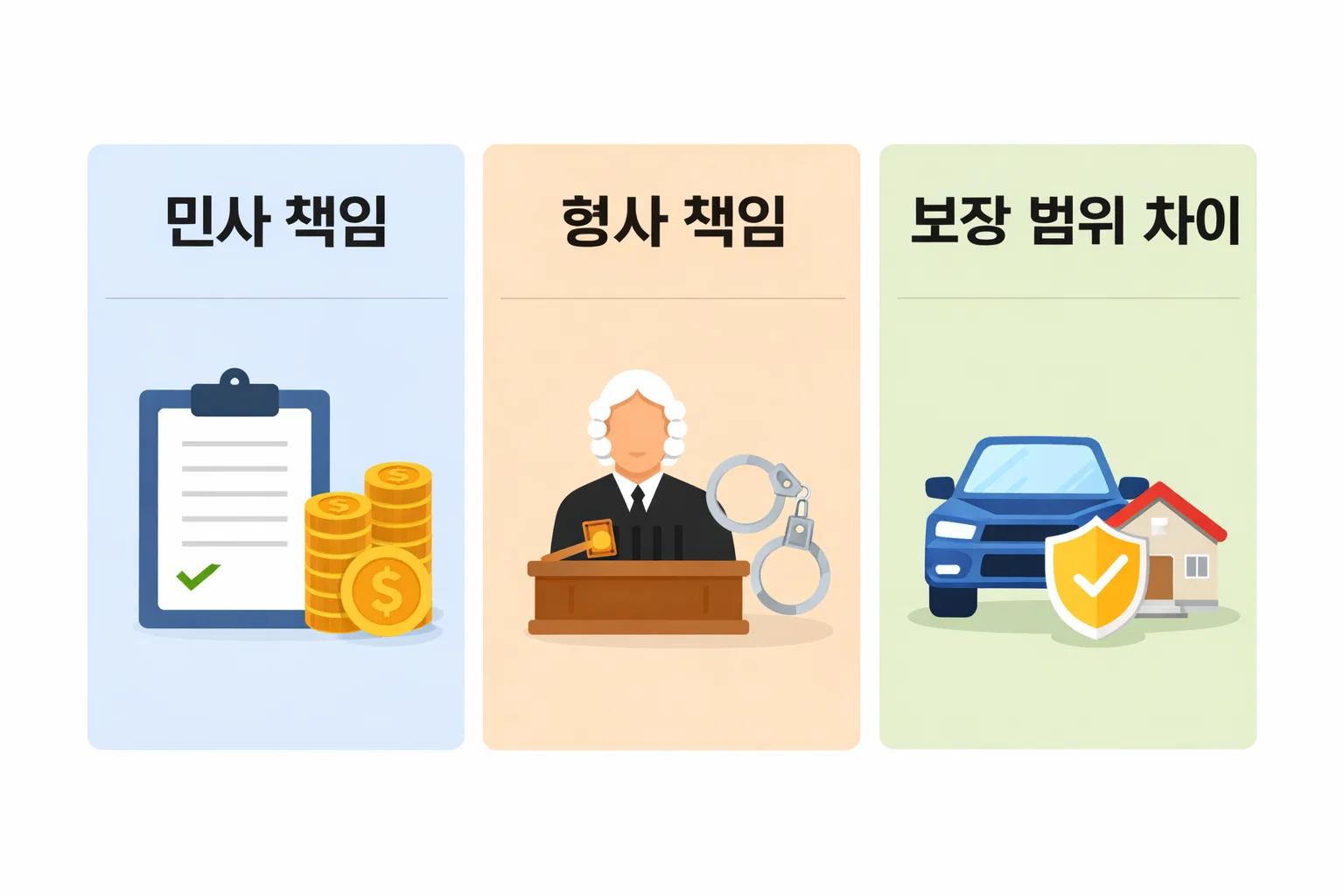 운전자보험에서 민사 책임과 형사 책임이 각각 어떻게 보장되는지 구조적으로 비교해 실제 사고 시 적용 범위를 이해하도록 정리한 이미지입니다