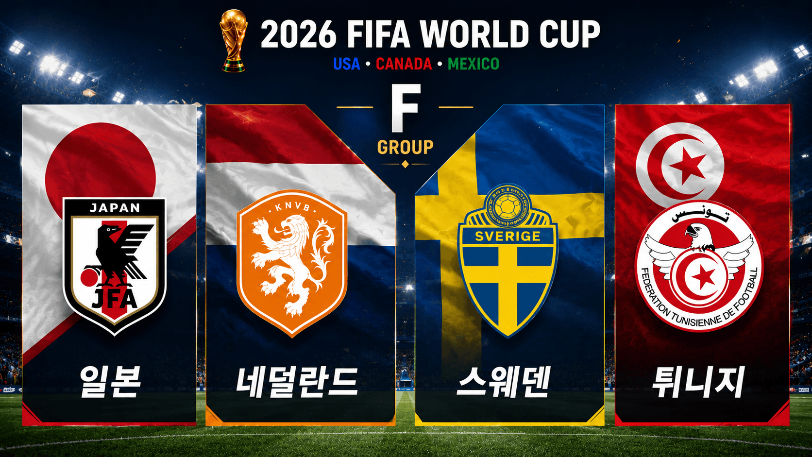 2026 FIFA 북중미 월드컵 조별리그 F조 참가국 안내: 일본, 네덜란드, 스웨덴, 튀니지