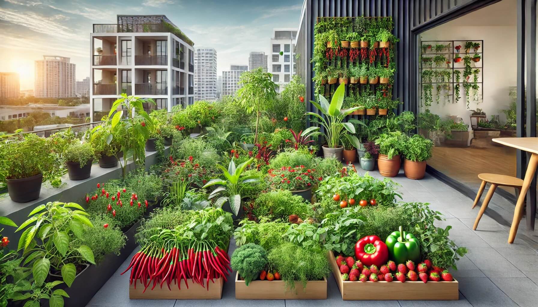 도시농업 인기 작물인 고추, 허브, 딸기가 포함된 멋진 도시 텃밭 이미지