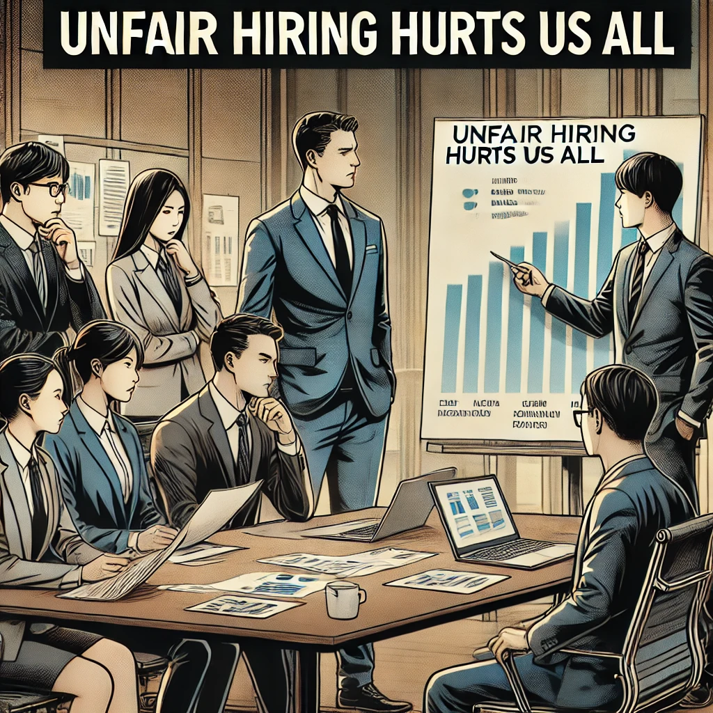 공정채용제도-기업 회의실에서 불공정한 채용 절차로 인한 문제를 논의하는 팀