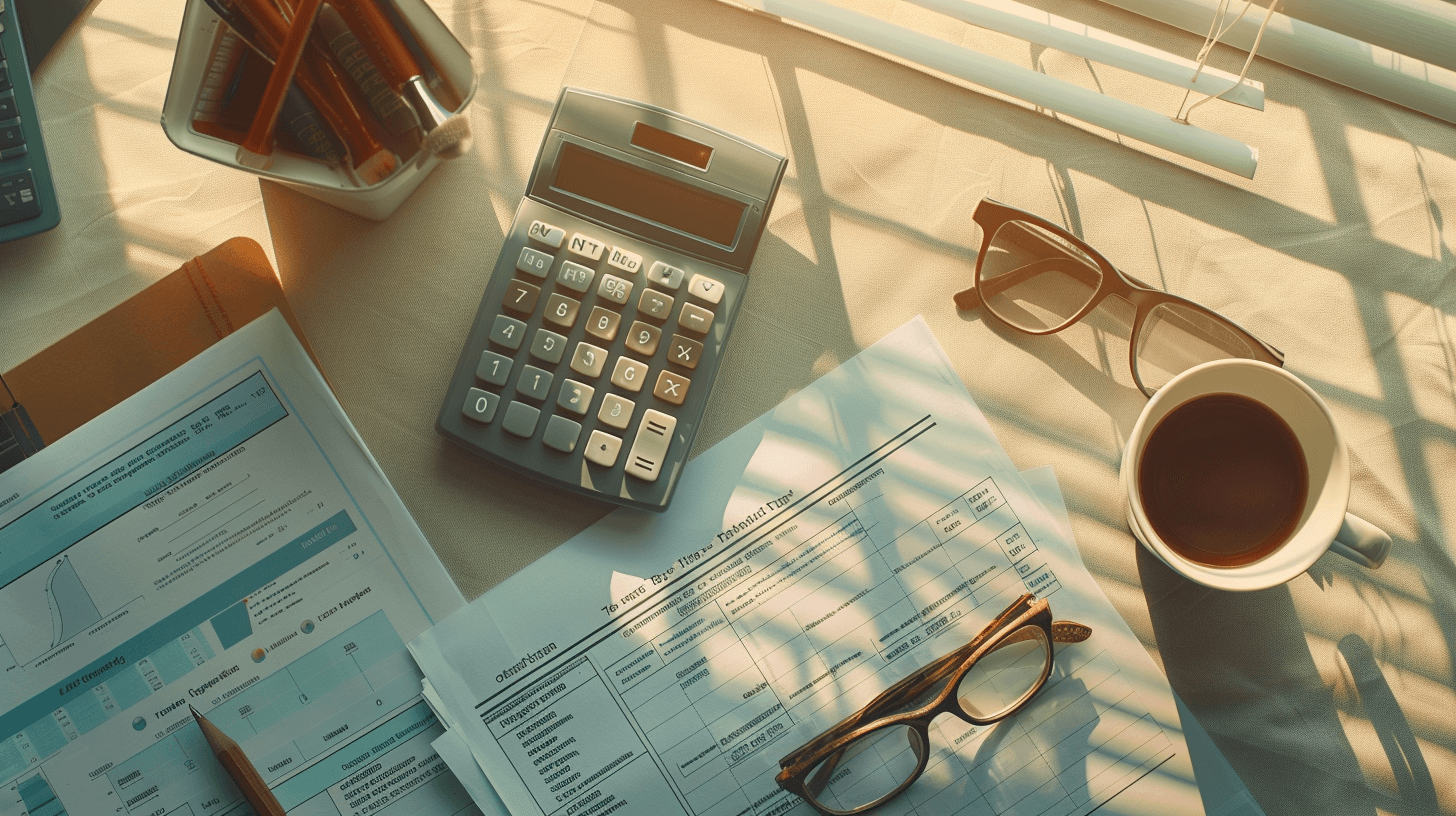 데스크의-계산기와-커피잔