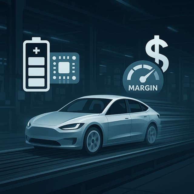 어두운 공장 내부의 컨베이어 라인 위로 전기차 차체가 빠르게 이동하고 좌측에는 배터리 셀과 기판 모듈 아이콘, 우측에는 달러 심볼과 마진 게이지가 겹쳐진 구성 이미지