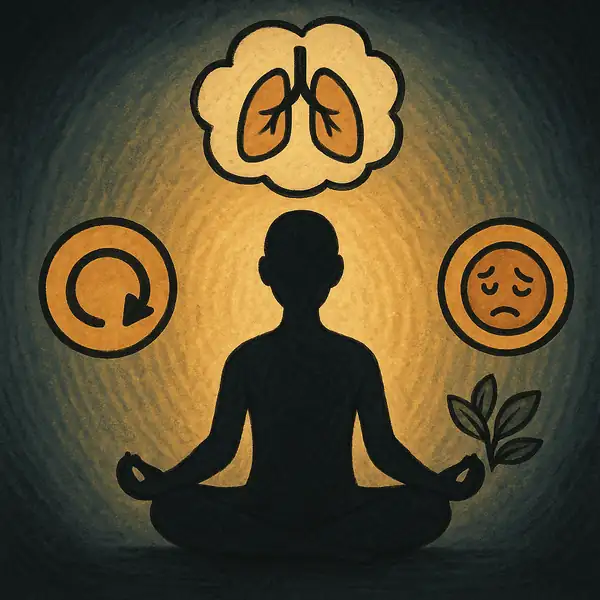 명상 중인 사람의 실루엣을 중심으로 호흡, 바디스캔, 감정 관찰의 세 단계를 상징하는 아이콘이 배치된 팀 버튼풍 감성의 단계별 마음챙김 일러스트