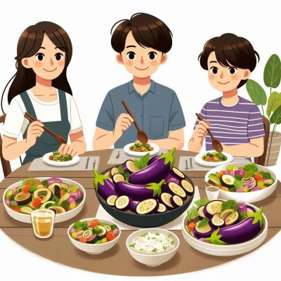 세명의 가족이 가지요리가 차려진 식탁에서 식사하고 있다.