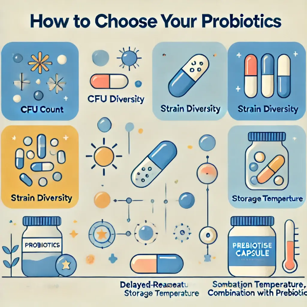 유산균 제품 선택 기준을 나타내는 아이콘 인포그래픽 – 균주 수, 캡슐 형태, 보관 방식 등 상징 구성
