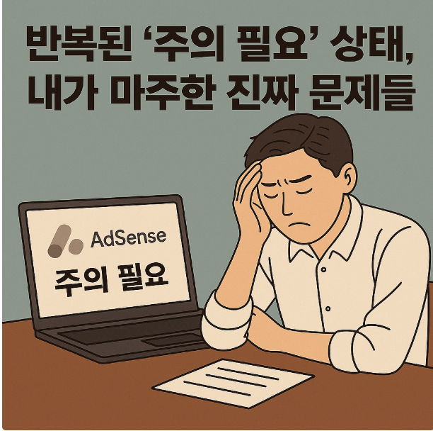애드센스 '주의 필요' 상태를 확인하는 화면 이미지
