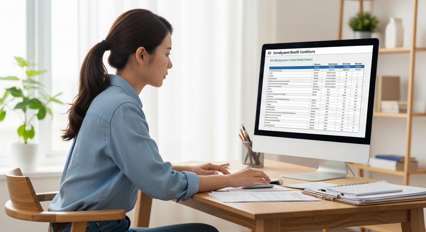 실업급여 조건표를 컴퓨터로 검색하며 집중하는 한국 여성