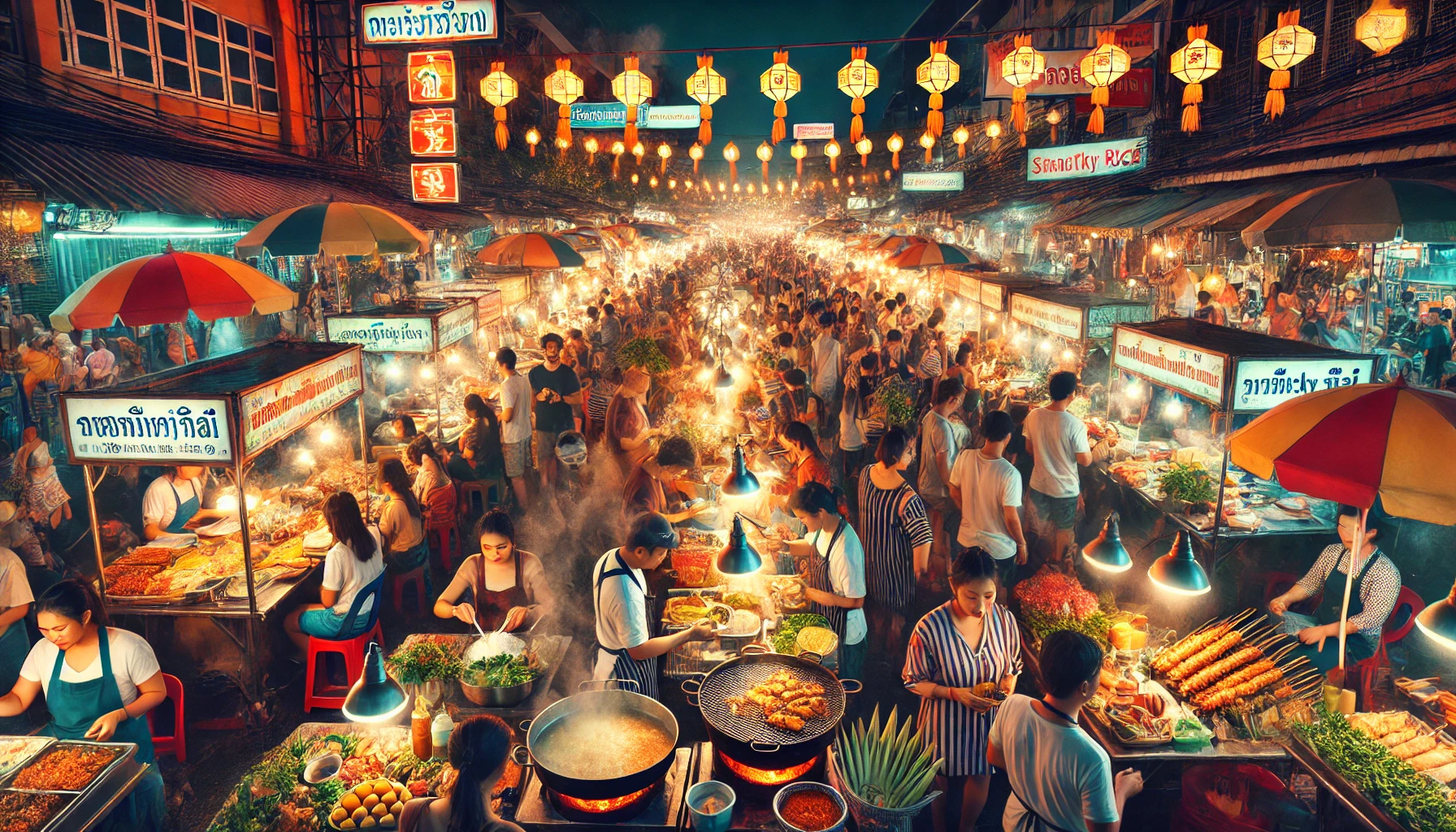 방콕 야시장의 활기찬 풍경과 다양한 길거리 음식들