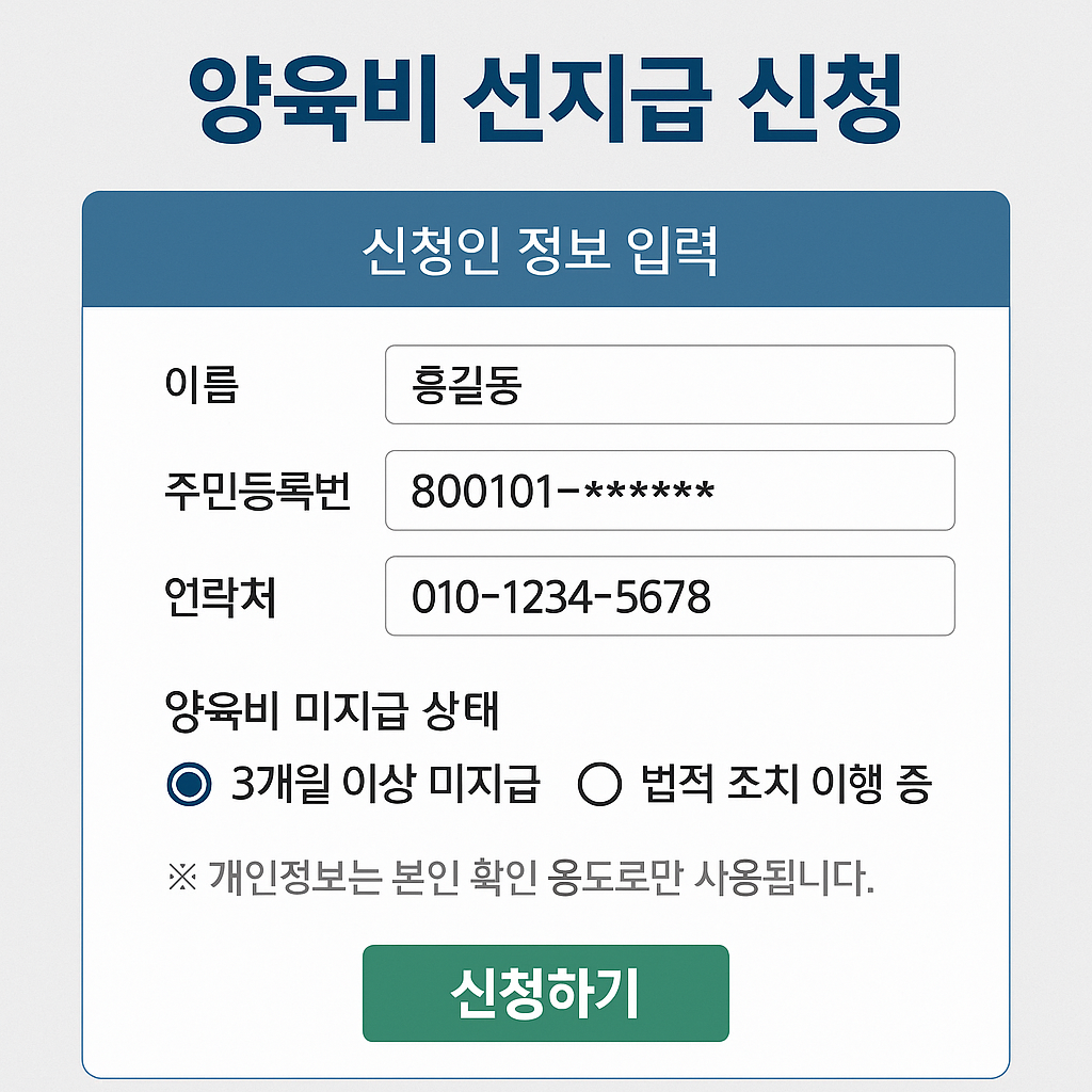 양육비 선지급제 온라인 신청서 입력 화면 예시 – 한부모가정 대상 정부 지원 제도