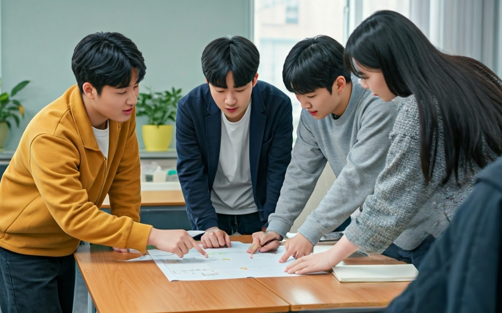 고교학점제를 상의하는 학생들