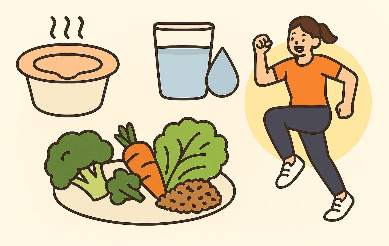 좌욕기, 수분 섭취 아이콘, 채소와 곡물 식단, 운동하는 사람