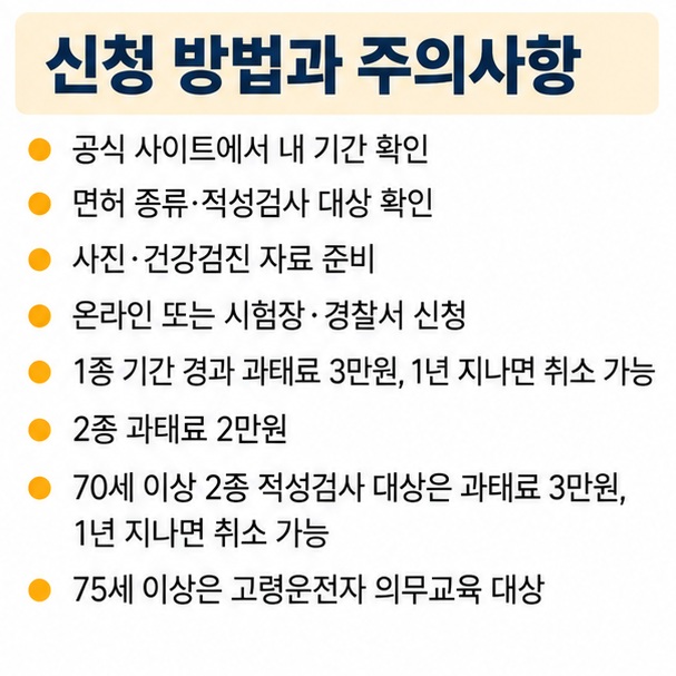 갱신기간 확인 준비물 준비 신청 면허증 수령 과태료와 면허취소 주의사항을 순서대로 보여주는 운전면허 갱신 체크리스트