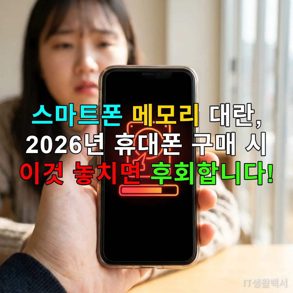 스마트폰 메모리 부족 경고 메시지가 뜨는 화면을 보며 걱정하는 한국인의 모습