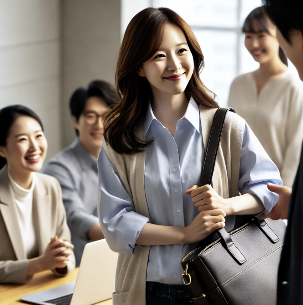 육아휴직 후 복귀한 직장인이 동료들의 따뜻한 환영을 받는 모습 