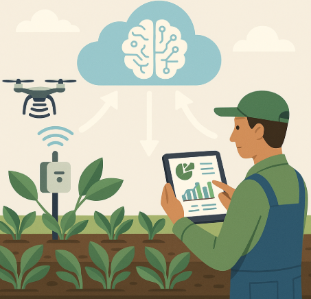 농업 클라우드 플랫폼을 표현한 인포그래픽. 농장 센서와 드론이 데이터를 수집하고, 클라우드 AI가 분석하여 농민에게 스마트 기기로 결과를 제공하는 과정을 시각화한 이미지.