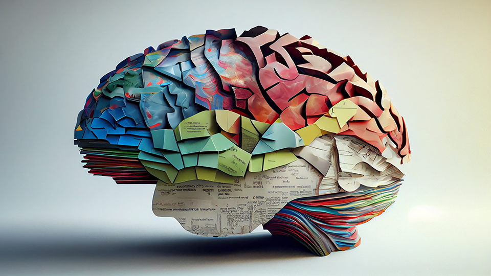 알록달록한 종이로 겹겹이 만들어진 인간의 뇌 이미지