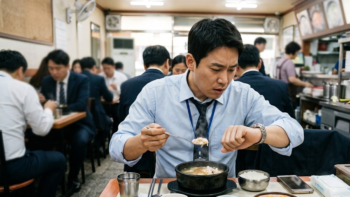점심시간 식당에서 시계를 보며 급하게 식사하는 직장인