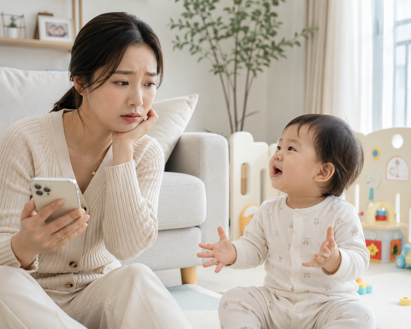 SNS 영상을 보며 아기와 비교하는 엄마