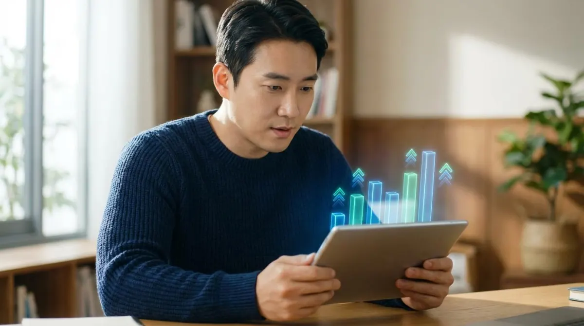 2026년 육아휴직 급여 인상안을 태블릿으로 진지하게 계산하며 분석하는 한국인 남성의 모습