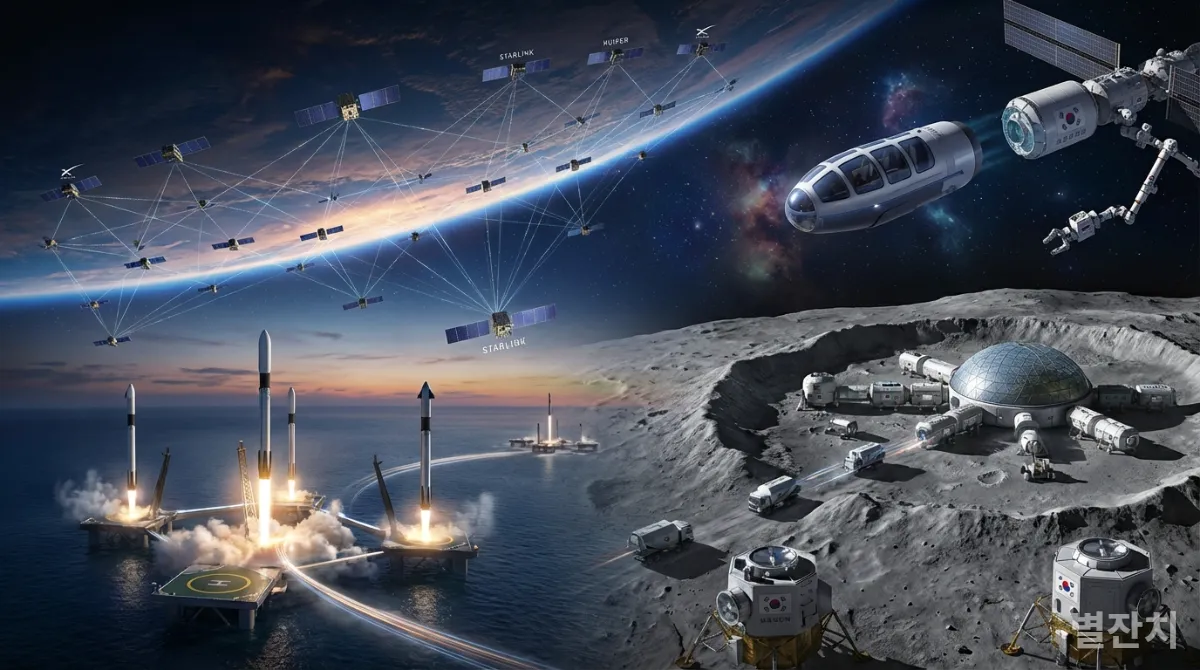 2026년 우주 산업의 다양한 경쟁 분야를 보여주는 복합 이미지