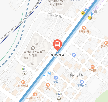 용산우체국에서 인천공항 리무진 공항버스(6001번) 지도 위치
