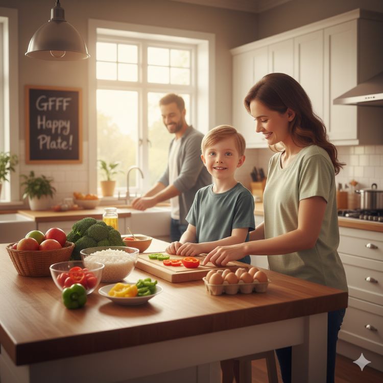 자폐 아동이 부모와 함께 밝은 주방에서 글루텐프리 식사를 준비하는 따뜻한 장면. 테이블 위에는 쌀밥, 신선한 채소, 과일, 계란 등 GFCF 식단 식재료들이 정갈하게 놓여있고, 아이는 엄마와 눈을 맞추며 미소짓고 있음. 배경에는 희망적인 자연광이 들어오며, 전체적으로 긍정적이면서도 현실적인 가족의 노력을 보여주는 감성적 이미지
