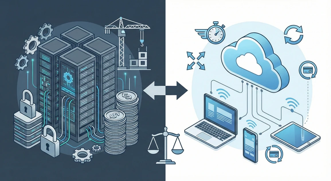 그룹웨어 구축형(온프레미스)과 SaaS 솔루션을 비교하는 인포그래픽 이미지입니다. 왼쪽 어두운 배경에는 서버 랙, 자물쇠, 쌓여있는 동전이 있어 높은 초기 비용과 보안을 상징하고, 오른쪽 밝은 배경에는 클라우드, 노트북, 스마트폰, 속도 아이콘이 있어 유연성과 효율성을 상징합니다. 중앙의 저울은 두 방식의 전략적 비교를 의미합니다.