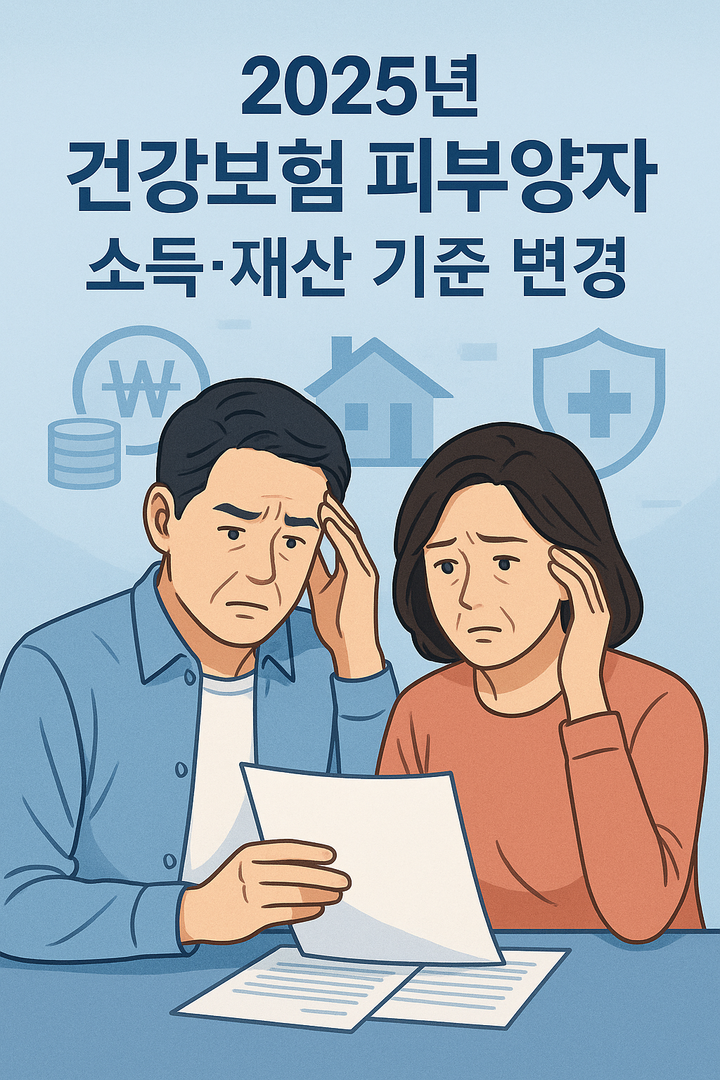 2025년 건강보험 피부양자 자격 변경에 대해 걱정하는 중년 부부 일러스트