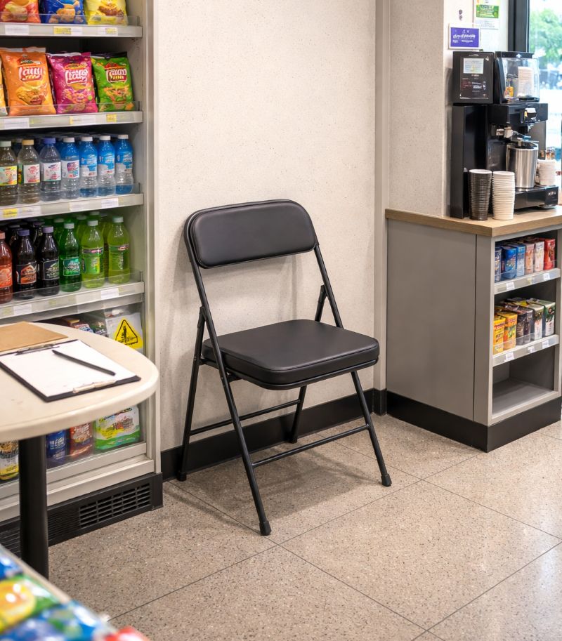 편의점 매장 한구석, 면접자를 기다리듯 놓여 있는 빈 검은색 접이식 의자와 그 옆 테이블 위에 놓인 클립보드와 펜.