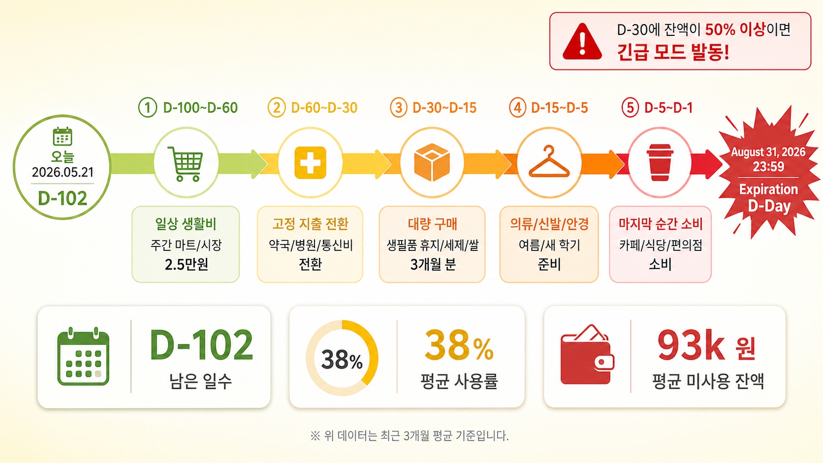 8월 31일 만료 D-100 잔액 소진 우선순위 5단계 로드맵 인포그래픽