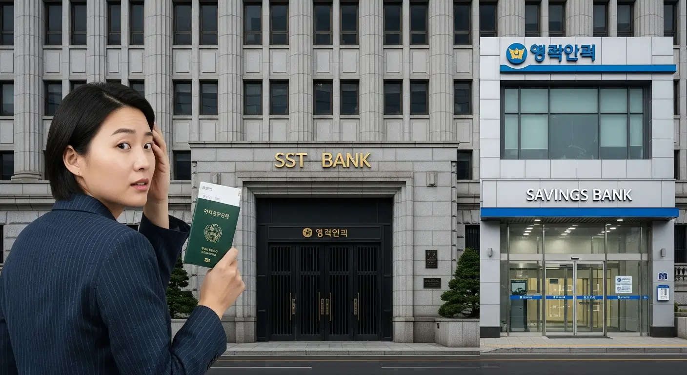 1금융권 은행 문 앞에서 좌절한 외국인이 2금융권(저축은행)이라는 다른 문을 바라보는 모습