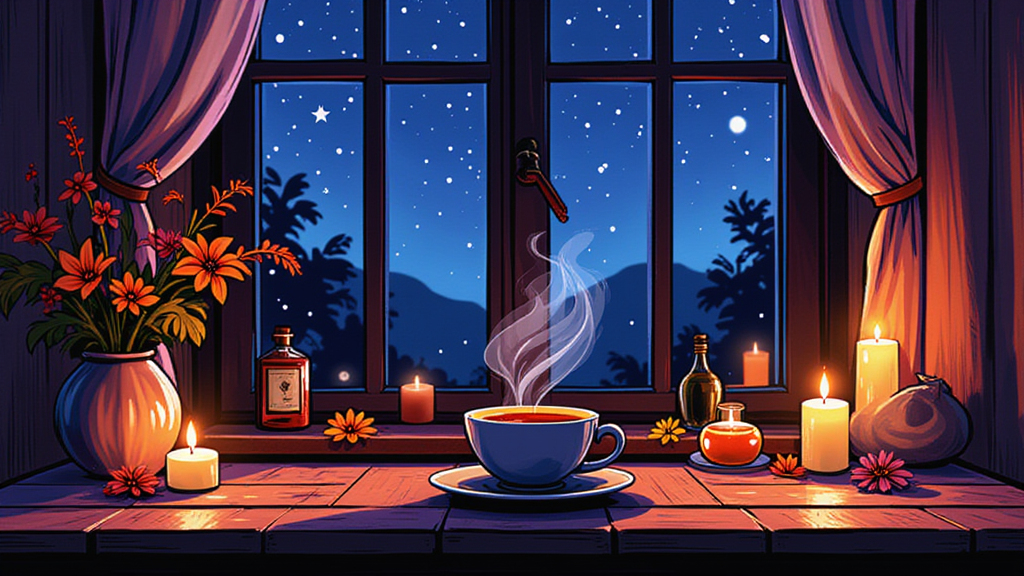 깜깜한밤에 따뜻한 차가 있는 그림
불면증완화에 좋은차