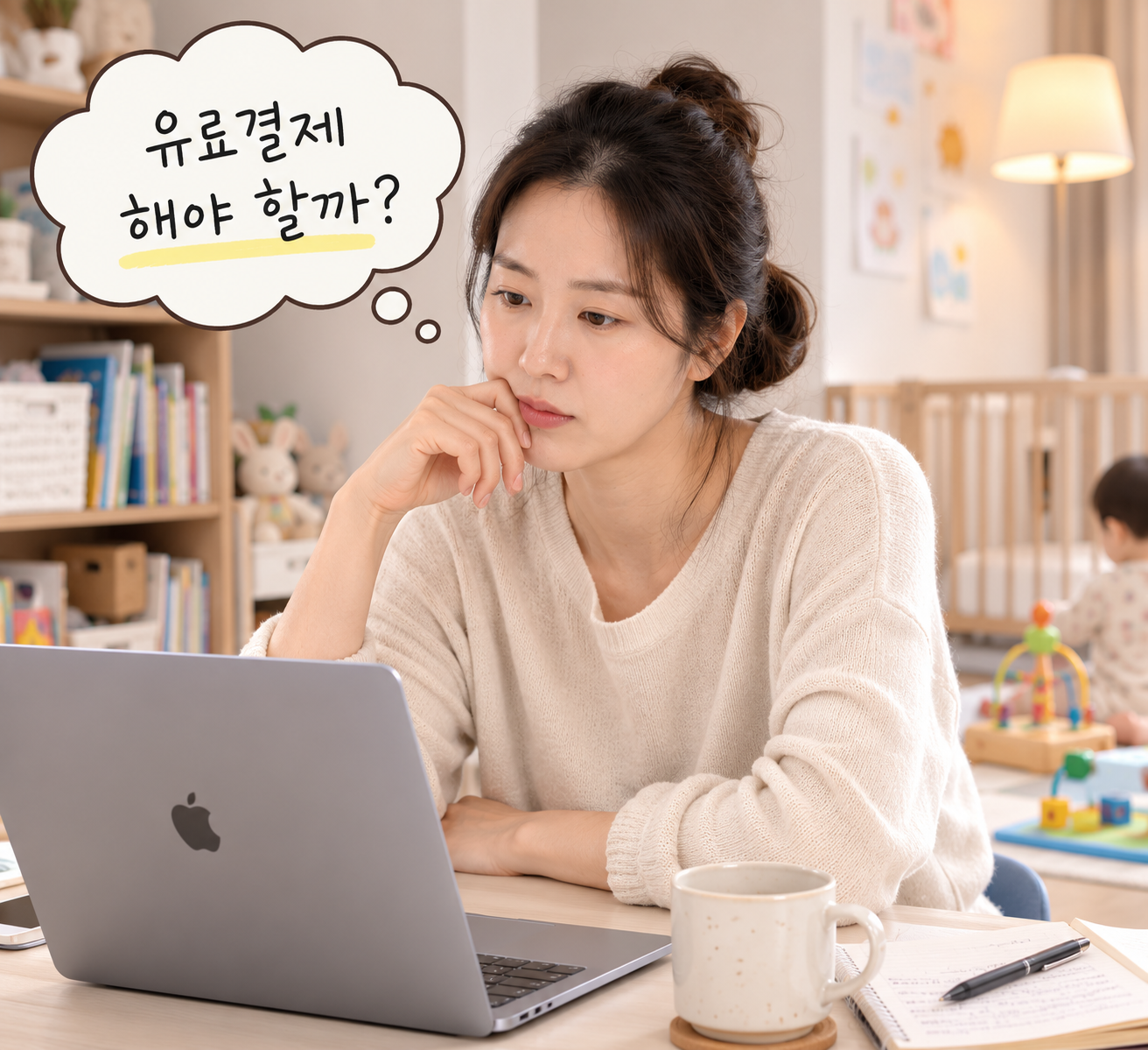 챗GPT 유료결제를 고민하는 한국 30대 엄마가 노트북 앞에서 AI 구독 여부를 생각하는 모습