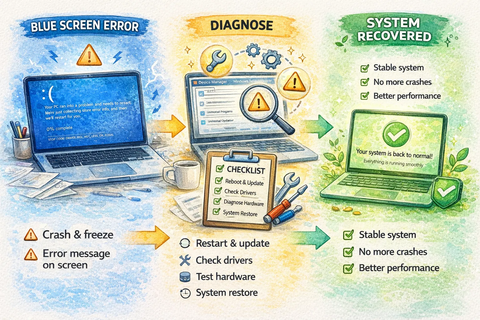 블루스크린 오류 해결 (원인 파악, 단계별 점검, 하드웨어 진단)