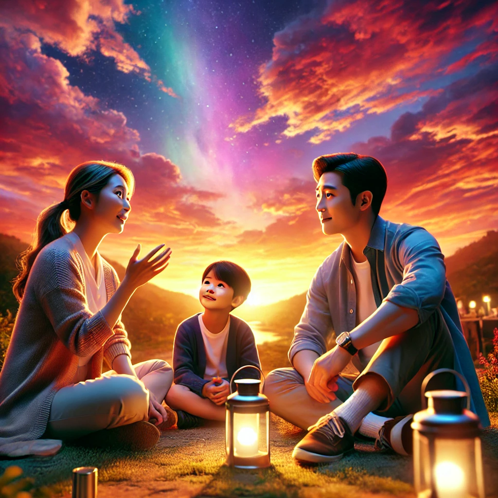 따뜻한 자연 속에서 가족이 내면의 아름다움과 친절에 대해 이야기하는 순간을 사실적으로 표현했습니다. 부모와 아이가 황혼의 공원에서 교감하는 모습이 포근하고 감동적으로 묘사되었습니다.