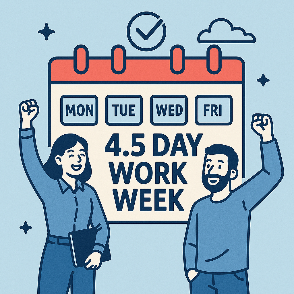 주 4.5일제를 상징하는 일러스트. 중앙에는 월요일부터 금요일 오전까지 표시된 캘린더가 있으며, 한 여성은 서류를 들고 미소 짓고 있고, 한 남성은 주먹을 들며 기쁨을 표현하고 있다.