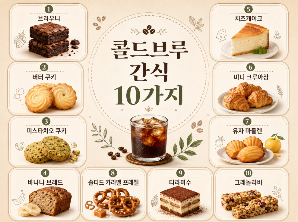 콜드브루와 어울리는 브라우니, 쿠키, 치즈케이크, 마들렌 등 홈카페 간식 10가지 인포그래픽