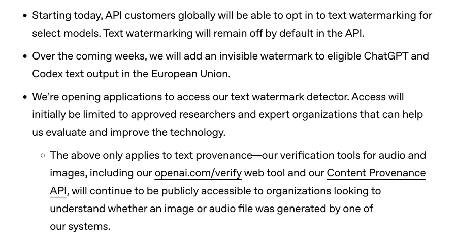 OpenAI 발표문 원문: API 고객 전 세계 선택 적용과 기본 꺼짐, EU 챗GPT&middot;코덱스 출력에 보이지 않는 워터마크, 승인 연구자 대상 탐지기 신청