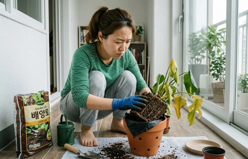 분갈이 후 잎이 처지고 노랗게 변한 필로덴드론과 뿌리 상태를 점검하는 여성