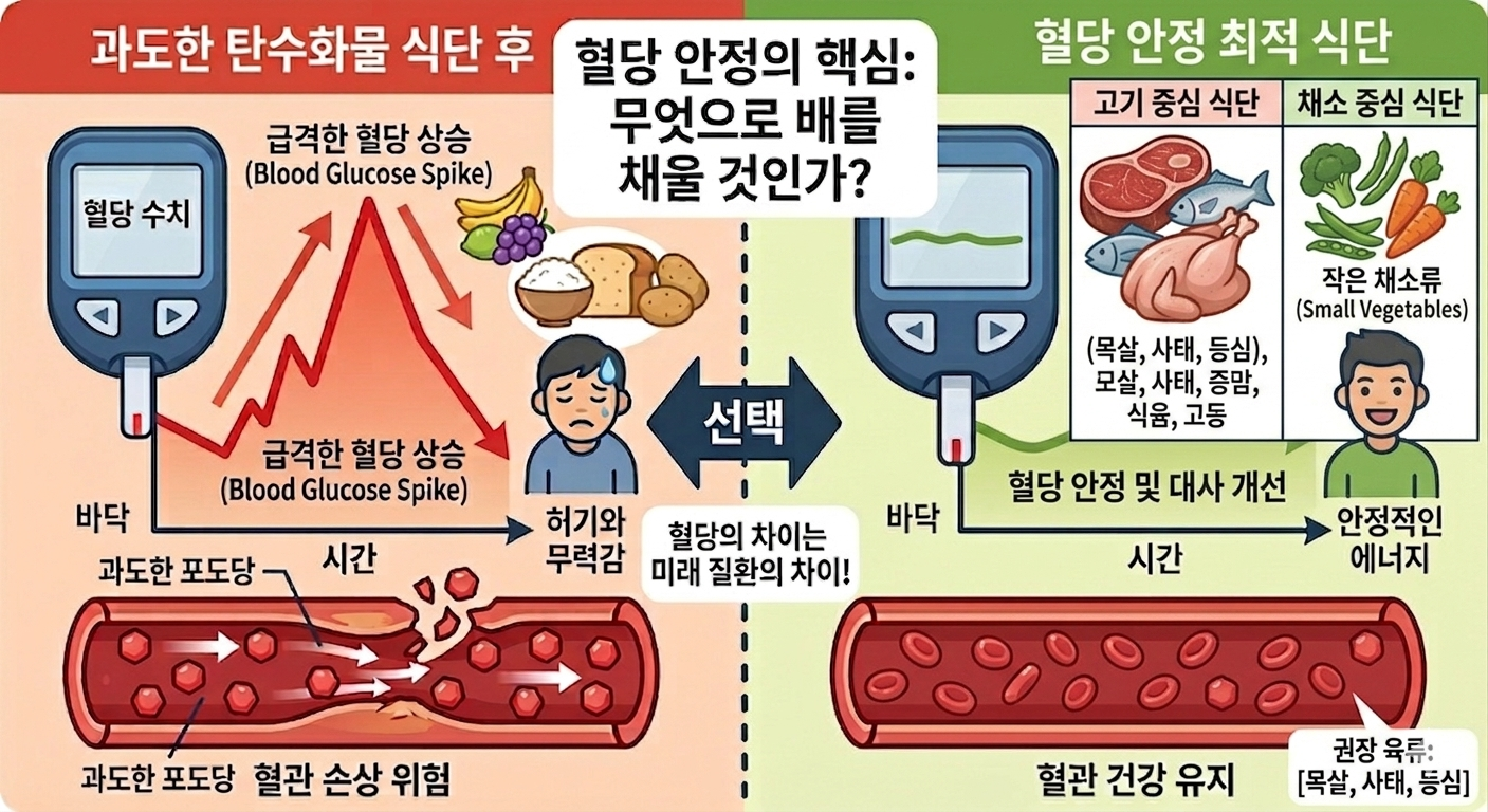 과도한 턴수화물 섭취로 급격한 혈당상승과 혈관손상 그림과 육식 채소중심식단으로 혈당안정 및 건강한 혈관 유지하는 그림을 비교한 인포그래픽