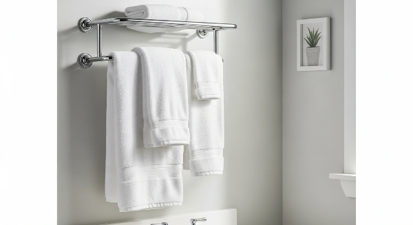 화장실 수건 걸이에 사용한 수건이 걸려 있는 모습