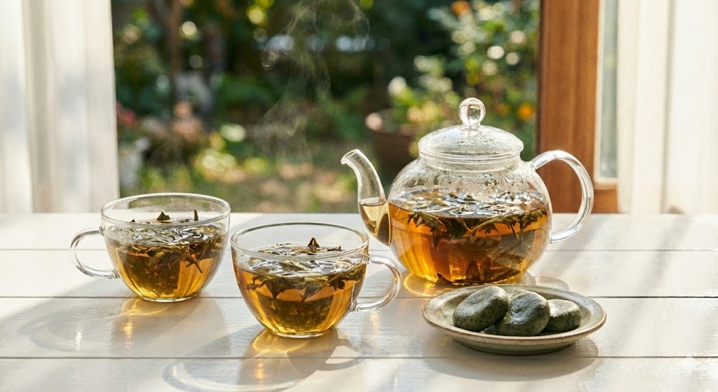 말린 쑥을 우려내어 맑고 연한 노란빛을 띠는 심신 안정에 좋은 따뜻한 쑥차