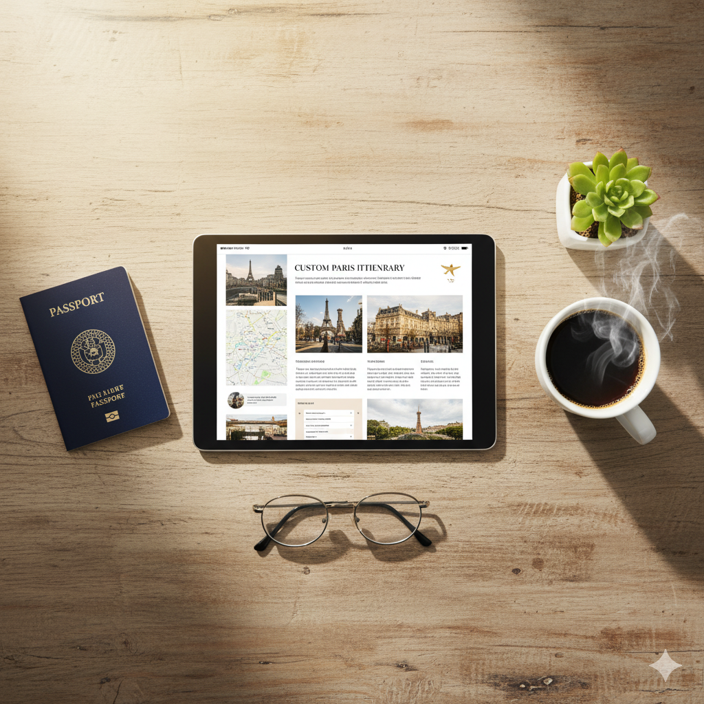 태블릿에 표시된 맞춤 여행 계획서와 여권, 커피가 감성적으로 배치된 사진