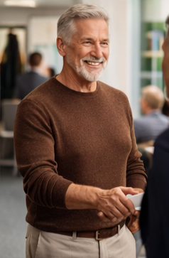 브라운니트 상의에 베이지색 하의를 깔끔하게 입고 지인을 만나고 있는 시니어