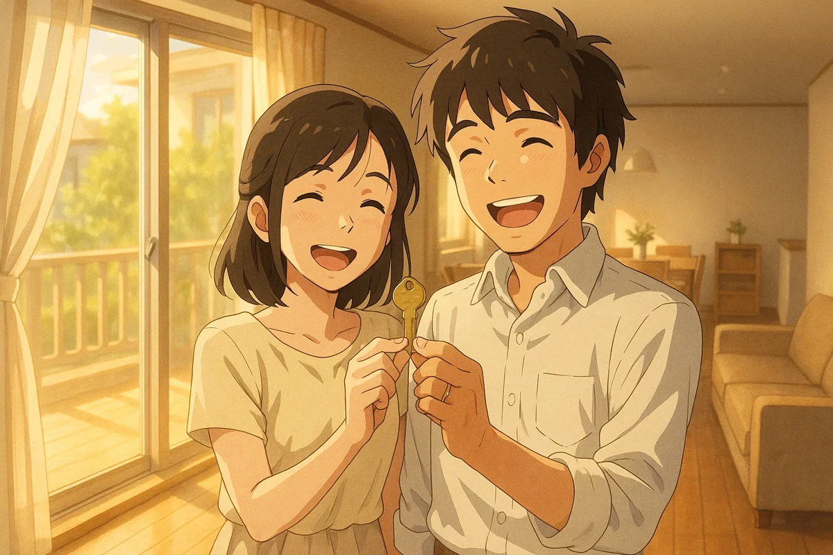 환하게 웃으며 새 집 열쇠를 들고 있는 신혼부부의 모습, 배경으로 따뜻한 햇살이 들어오는 집 내부가 보이는 이미지