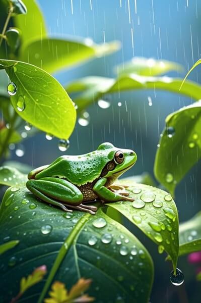 비오는-날-나뭇잎-위에-청개구리가-앉아-물이-넘칠지-걱정하는-모습