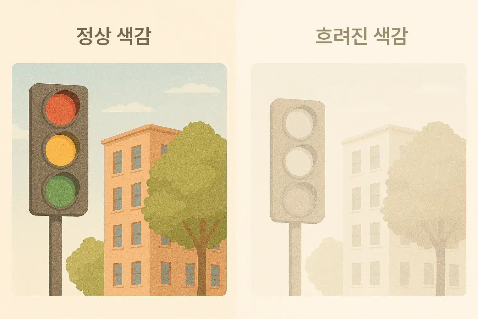 사물 경계가 흐릿하고 색감이 옅게 보이는 장면, 대비감이 떨어져 색이 탈색된 듯 보이는 시야 비교